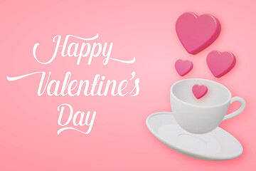 A cup coffee with a hearts. Valentine day vector romantic banner with hot drink and love symbols. 3d vector illustration for creative ideas and creative design.