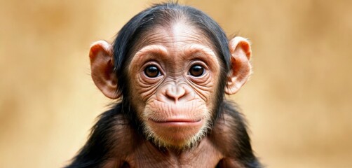  a close up of a monkey's face looking at the camera with a serious look on it's face and a serious look on it's face. - obrazy, fototapety, plakaty