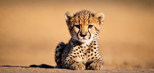  a young cheetah sitting on the ground looking at the camera with a curious look on its face and a curious look at the camera man's eyes.