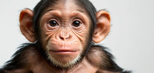  a close up of a monkey's face with a surprised look on it's face, with a white back ground and a white wall in the background.