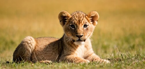  a young lion cub is sitting in a field of grass and looking at the camera with a curious look on his face as he sits in front of the grass.