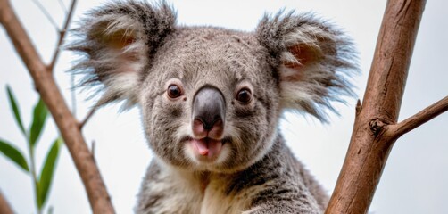  a close up of a koala on a tree branch with its tongue hanging out and its eyes wide open, with its mouth wide open, with its mouth wide open.