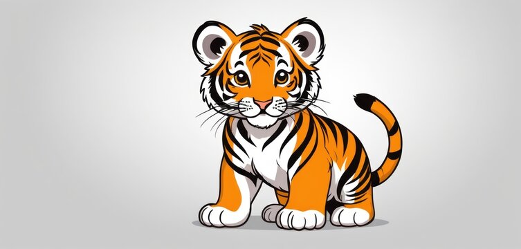  a small tiger sitting on top of a white surface in front of a gray background with the word tiger in the middle of the image and a black outline of the tiger's head.