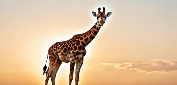  A Tall Giraffe Standing On Top Of A Lush Green Field Next To A Tall Building With A Clock On The Top Of It's Side Of It.