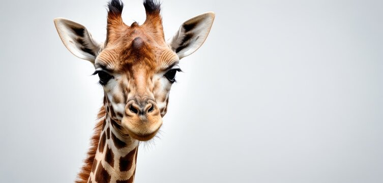  a close up of a giraffe's face with a gray sky in the backgrounnd of the image behind it is a single giraffe's head.