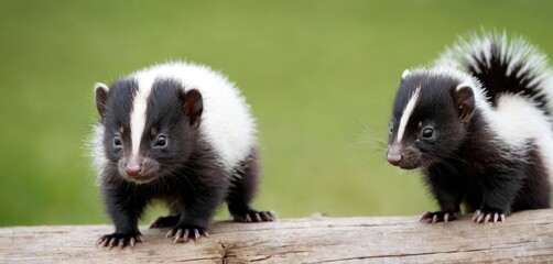  two black and white striped skunks are standing on a log and one is looking at the camera and the other one is looking at the same direction of the same direction. - obrazy, fototapety, plakaty