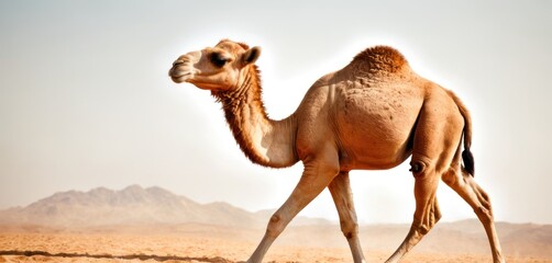  a camel is walking in the desert with mountains in the backgrouds of the desert in the backgrouds of the desert, while the sun is shining on the horizon.