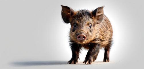  a small brown pig standing on top of a white floor next to a white wall in front of it's head and a white background behind it is a small black pig with a pink nose.
