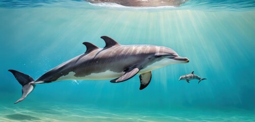  a couple of dolphins swimming in a body of water with sunlight coming through the water and a person swimming in the water with a boat in the water behind them.