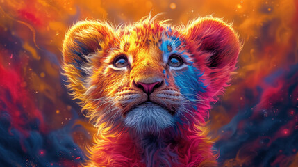 detailed illustration of a print of colorful baby lion