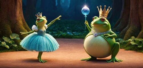  two frogs dressed as princess and frog prince, one holding a lollipop, the other wearing a tiara and holding a lollipop, in front of a forest.
