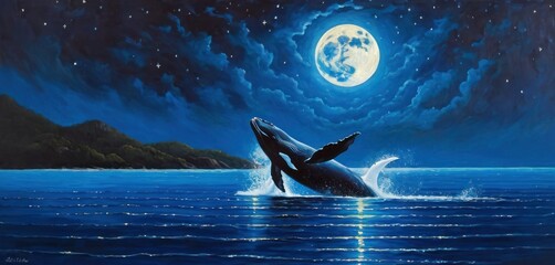  a painting of a humpback whale jumping out of the water at night with a full moon in the sky above the water and a mountain range in the background.