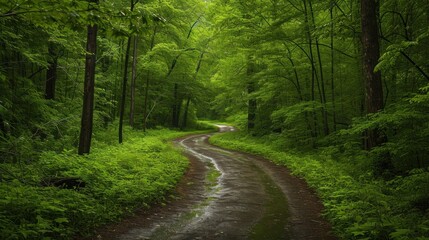 Obraz premium a dirt road in the middle of a forest with trees on both sides of it and a wet road in the middle of the forest with trees on both sides.
