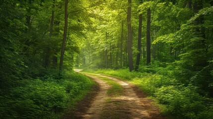 Fototapeta premium a dirt road in the middle of a forest with lots of green trees on either side of it and a dirt road in the middle of the middle of the forest.