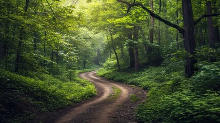 Fototapeta premium a dirt road in the middle of a forest with lots of trees and bushes on both sides of the road and a lush green forest on the other side of the road.