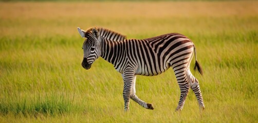  a zebra standing in a grassy field with tall grass in the foreground and a field of tall grass in the background, with a single zebra in the foreground.