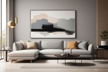 Interior home design of modern living room with gray sofa and abstract art poster on gray wall