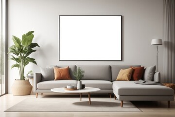 Interior home design of modern living room with gray sofa and blank mock up poster frame with copy space on gray wall