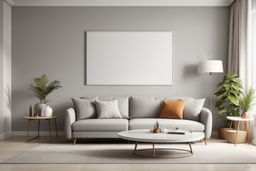 Interior home design of modern living room with gray sofa and blank mock up poster frame with copy space on gray wall