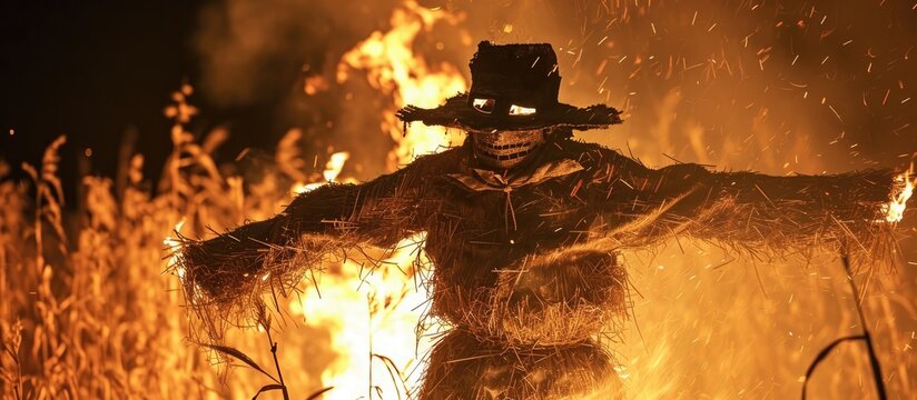 Burning scarecrow at night