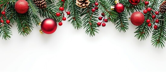 Christmas decorations and pine branches in isolated corners on white backdrop.