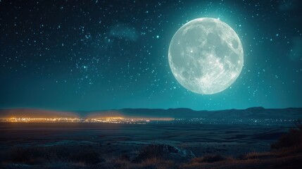  a full moon in the night sky with a city in the foreground and a distant mountain range to the right of the image, with a city lights in the foreground.