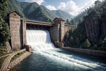 A striking photo of a hydroelectric plant with water streams. The image conveys the strength and speed of this alternative energy form.