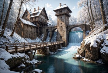 Winter landscape with hydroelectric power station and old wooden bridge in the mountains