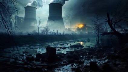 Nuclear power plant with smoke coming out of chimneys at night - obrazy, fototapety, plakaty