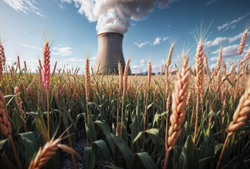 Nuclear power plant with ears of wheat and smoke from chimney - obrazy, fototapety, plakaty