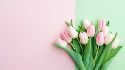 Vibrant Bouquet of colorful tulips. Festive flowers on a light pink background. Easter and mothers day, International Women's Day

