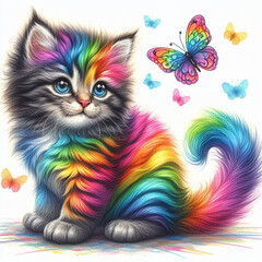 The image shows a rainbow colored kitten
The kitten has big, bright eyes and a curious expression.
It has a rainbow colored stripe running down its back.
The background is a plain white color.