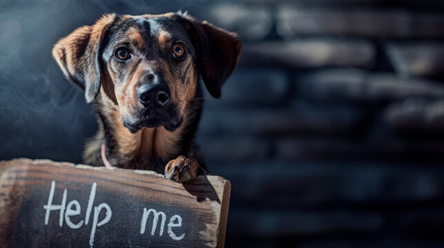 A stray dog holding the text "Help me" written in chalk on a wooden board