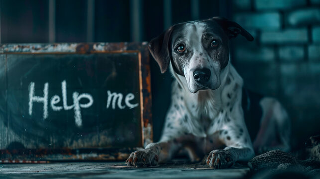 A stray dog holding the text "Help me" written in chalk on a wooden board