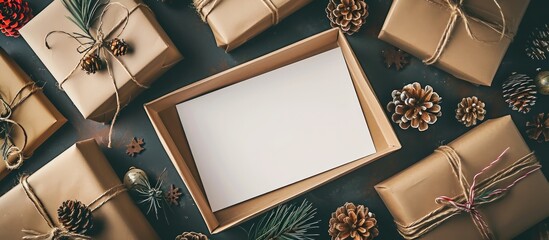 Gift box with white card, presents, letters, desktop view.