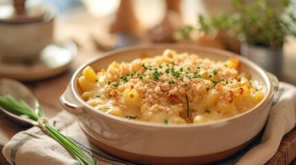  a dish of macaroni and cheese with a spoon on a napkin next to a pot of parsley and a pot of parmesan cheese on a wooden table.