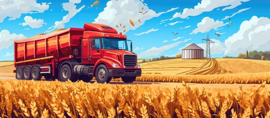 The farmer oversees the transfer of wheat to the truck, the driver tracks the cargo, and the forwarder handles the paperwork for agricultural logistics. - obrazy, fototapety, plakaty