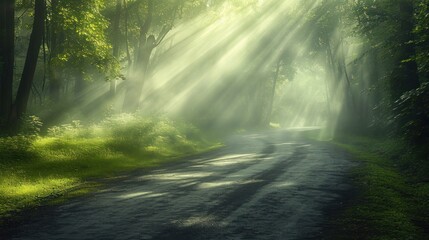  a dirt road in the middle of a forest with sunbeams shining through the trees on either side of the road is a dirt road with grass and trees on both sides. - obrazy, fototapety, plakaty