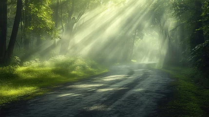Zelfklevend Fotobehang  a dirt road in the middle of a forest with sunbeams shining through the trees on either side of the road is a dirt road with grass and trees on both sides. © Olga