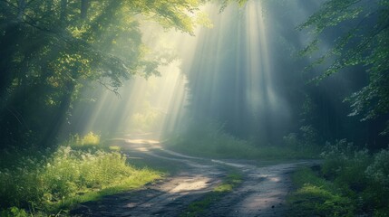  a dirt road in the middle of a forest with bright beams of light coming through the trees on either side of the road is a dirt road with grass and bushes on both sides.