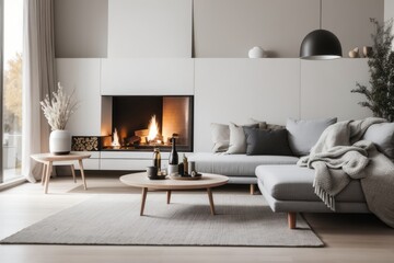 Scandinavian interior home design of modern living room with corner gray sofa and fireplace with home decor