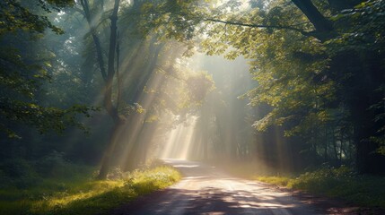  a dirt road in the middle of a forest with sunlight streaming through the trees on either side of the road and the sun shining through the trees on the other side of the road.