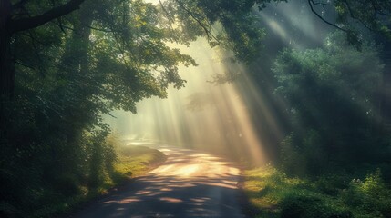  a road in the middle of a forest with sunbeams coming through the trees on either side of the road is a dirt road with a light shining through the trees on the other side.