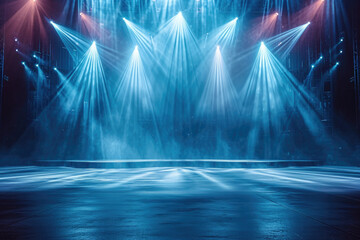 blue stage light background with spotlight , illuminated the stage for contemporary dance. Stadium cloudiness projector. Mist show room. Entertainment show. - obrazy, fototapety, plakaty