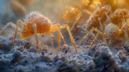 Dust mites and microarthropods crawling through the microscopic view soil environment. - obrazy, fototapety, plakaty