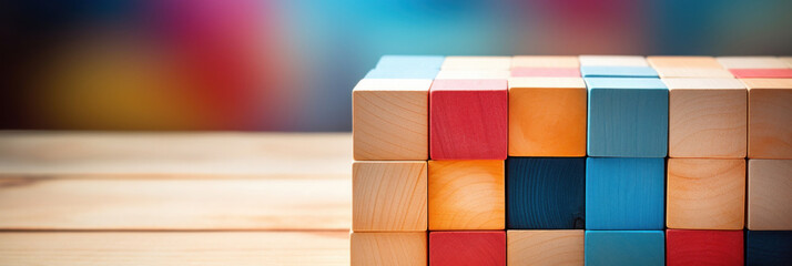 A creative arrangement of colorful wooden blocks on a wooden table with a vibrant blurred...