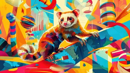  a painting of a ferret on a skateboard in front of a multicolored background of balloons and streamers, with a person in the foreground.