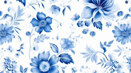 Blue flowers on white background, toile style. Floral pattern