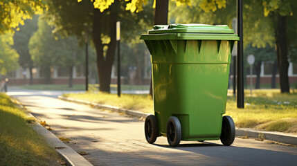 A solitary green garbage bin stands on a sunlit suburban street, lined with trees and casting a shadow on the pavement. - obrazy, fototapety, plakaty
