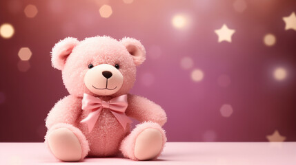 Adorable pink teddy bear with a bow tie on a glittery pink and starry background.